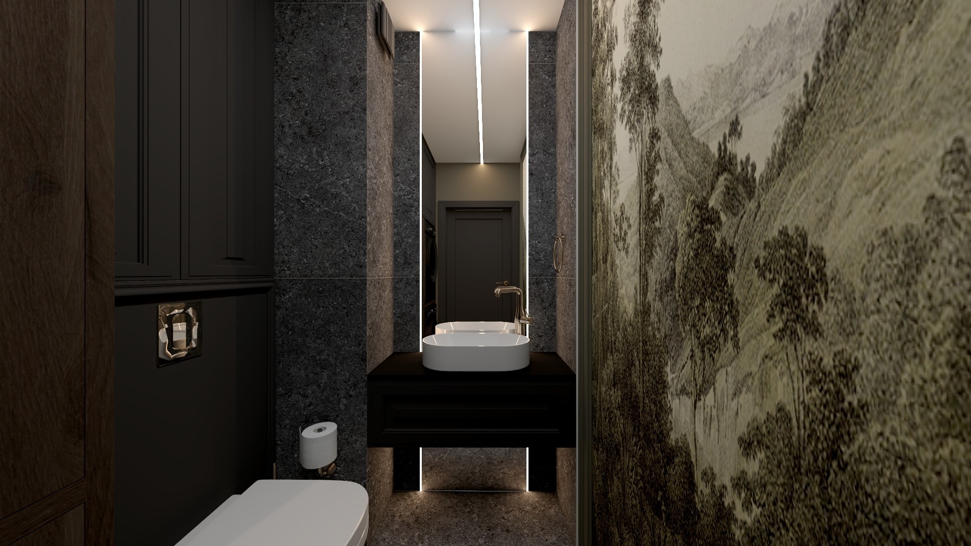 Elegancka łazienka w ciemnej tonacji z umywalką nablatową, podświetlanym lustrem i tapetą z motywem pejzażu. Minimalistyczny design z akcentami naturalnych wzorów.