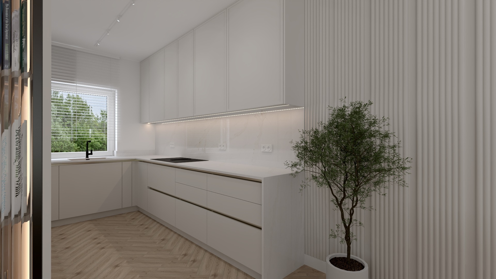 Minimalistyczna kuchnia w bieli z drewnianą podłogą w jodełkę, oświetleniem LED pod szafkami i dekoracyjną ścianą z lamelami, akcentem roślinnym.