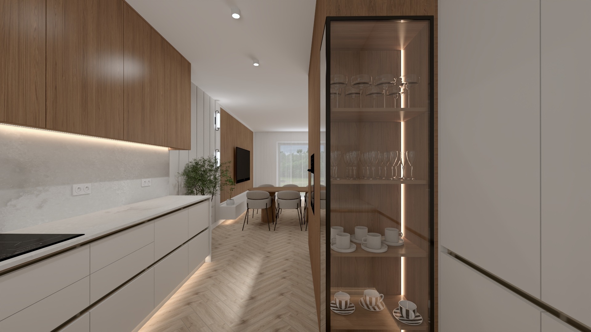 Nowoczesna kuchnia z drewnianymi szafkami i przeszkloną witryną, widok na jadalnię z parkietem w jodełkę. Minimalistyczny design i ciepłe oświetlenie.