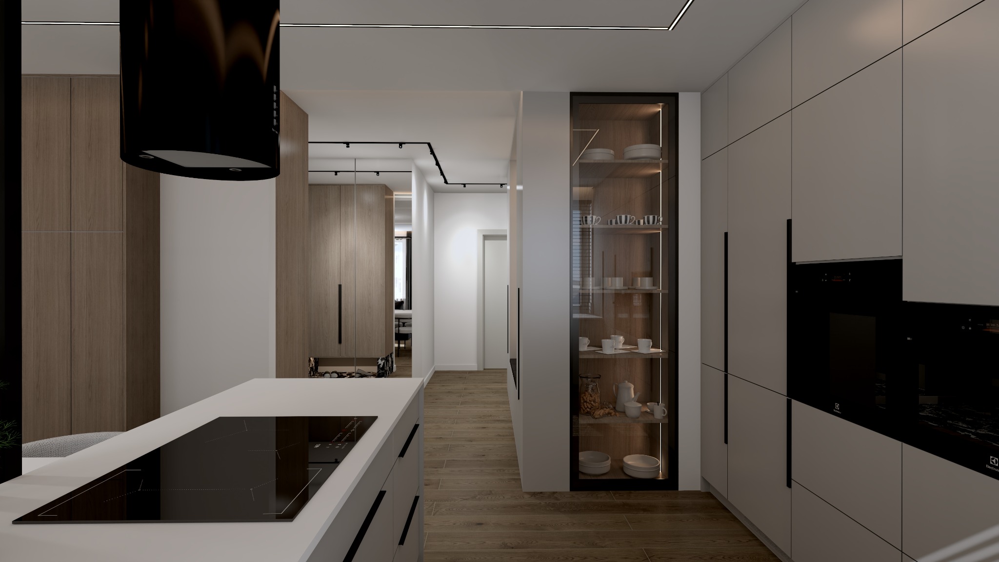 Minimalistyczna kuchnia w odcieniach beżu i bieli. Wyspa z płytą indukcyjną, zabudowa meblowa z przeszkleniami i oświetleniem LED. Nowoczesny design, subtelne detale.