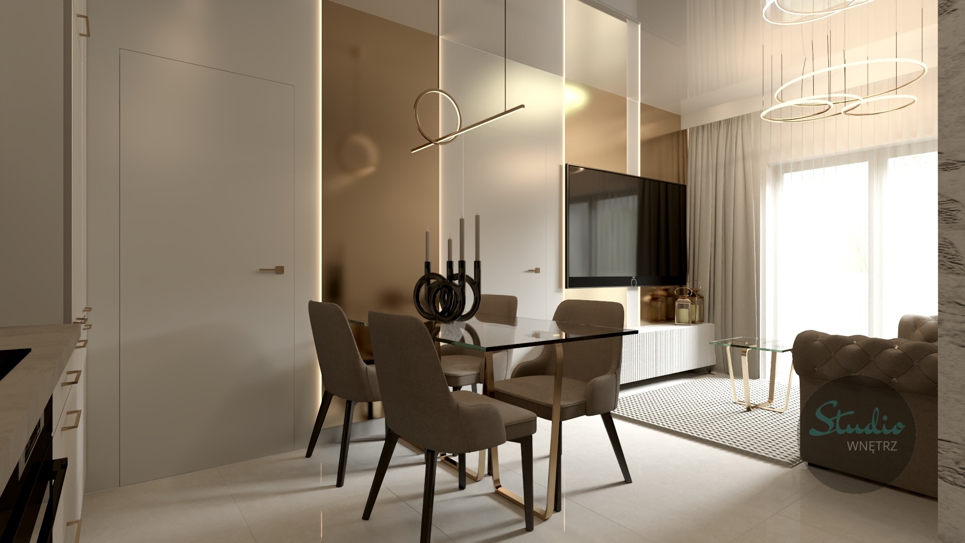 Wizualizacja nowoczesnego salonu z jadalnią, szklany stół otoczony krzesłami z tapicerką w odcieniach brązu, minimalistyczna lampa wisząca, telewizor na ścianie, dekoracyjne świeczniki na stole...