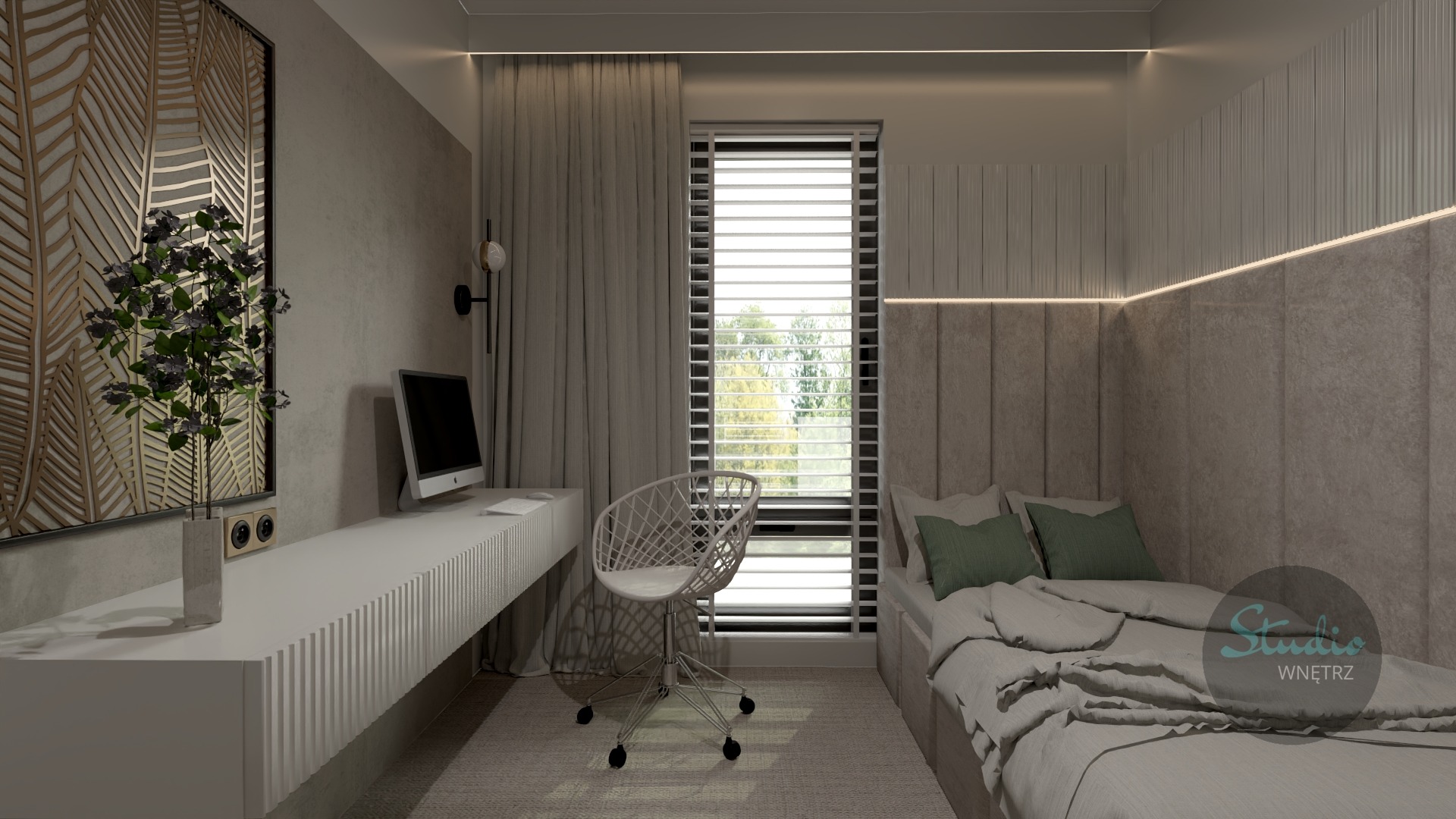 Neutralna kolorystyka sypialni z miejscem do pracy: białe biurko z ryflowanym frontem, krzesło ażurowe na kółkach, łóżko z wezgłowiem panelowym i zielonymi poduszkami, dekoracja ścienna z motywem...