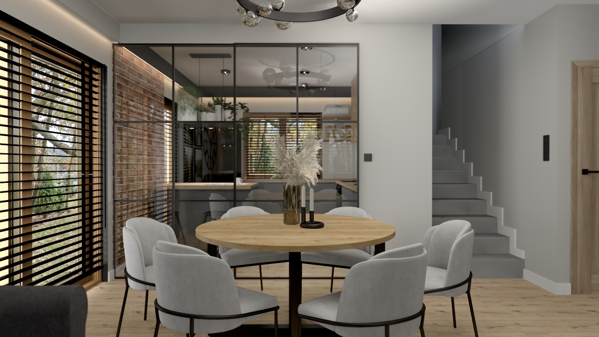 Wizualizacja jadalni z okrągłym drewnianym stołem otoczonym szarymi krzesłami, w tle przeszklona ściana z ceglanym motywem, widok na kuchnię i schody.