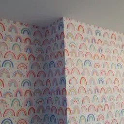 Pok&oacute;j dziecięcy z tapetą w pastelowe tęcze i krople deszczu na ścianach, widok na r&oacute;g pokoju.