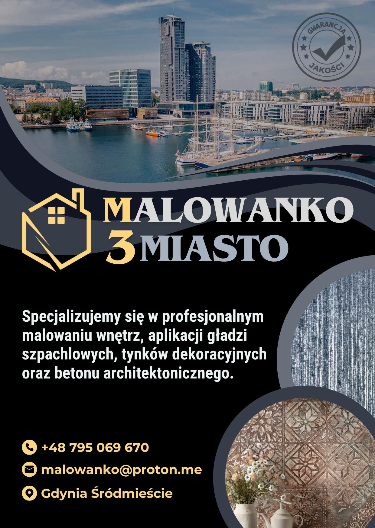 Reklama firmy Malowanko 3Miasto z Gdyni, specjalizującej się w malowaniu wnętrz, aplikacji gładzi szpachlowych, tynków dekoracyjnych i betonu architektonicznego, na tle panoramy miasta z portem...