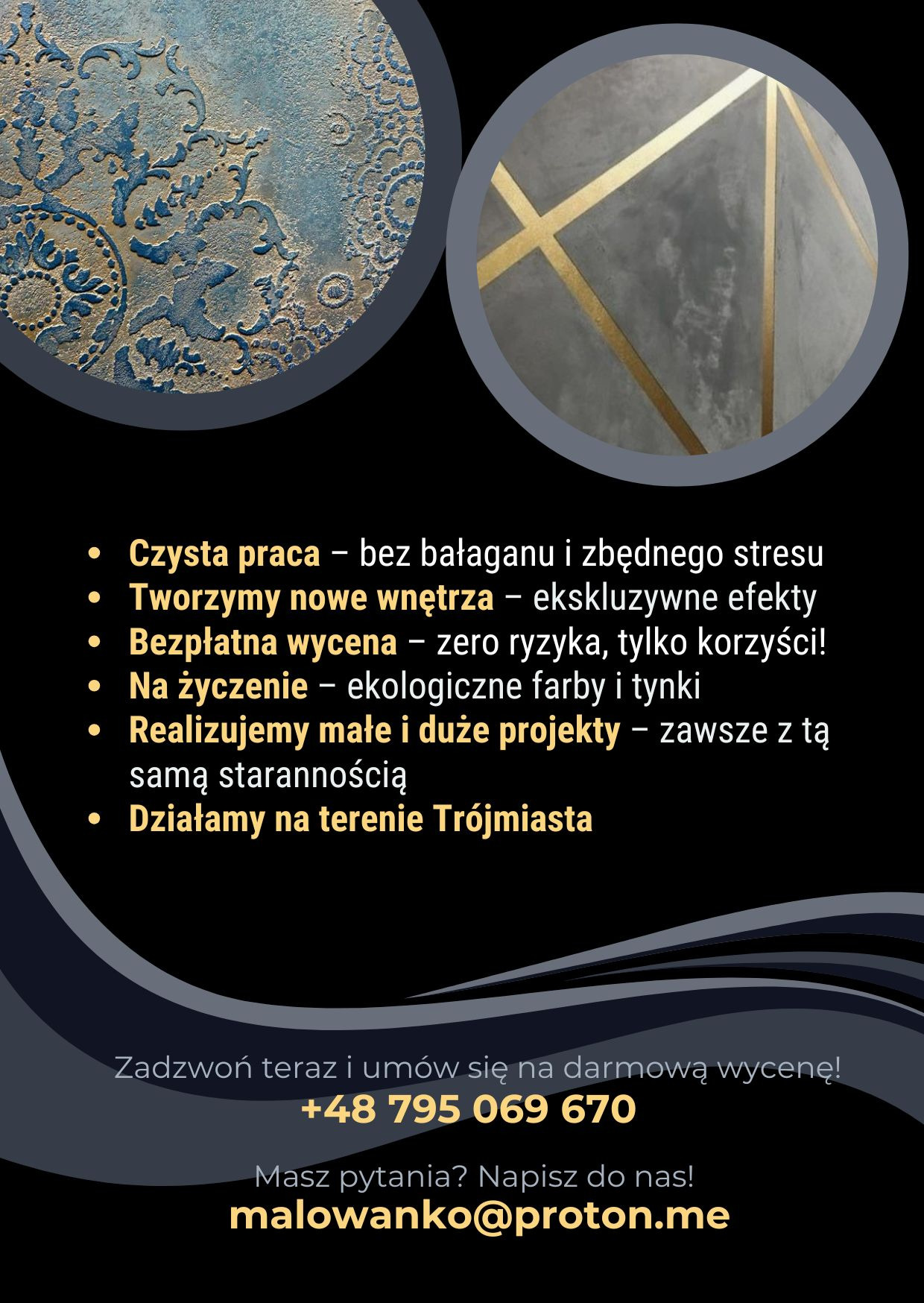 Grafika reklamowa firmy remontowej z wizualizacją dekoracyjnych efektów na ścianach: strukturalna, błękitna powierzchnia z ornamentami oraz szara ściana z geometrycznym wzorem ze złotych pasków...