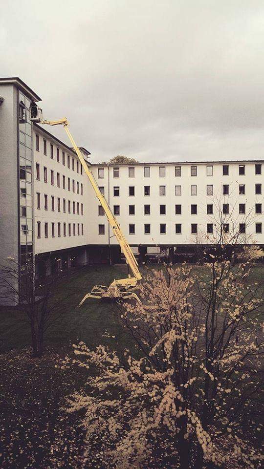 Żółty podnośnik koszowy na tle białego, wielopiętrowego budynku z licznymi oknami; pracownik w koszu podnośnika przy oknie na wyższej kondygnacji; widok z góry na drzewa z białymi kwiatami...