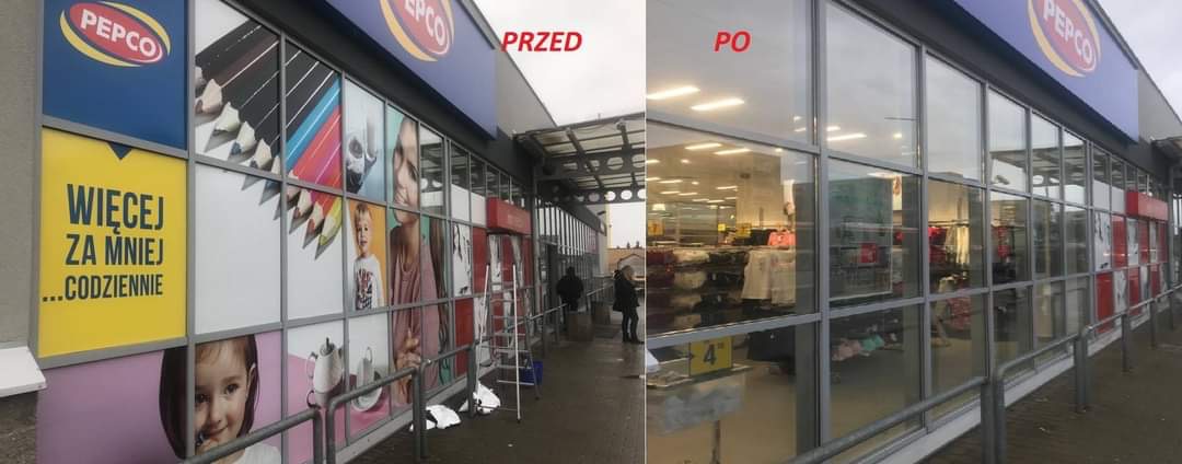 Zdjęcie porównawcze 'przed' i 'po' przedstawiające przeszkloną fasadę sklepu Pepco. Lewa strona pokazuje brudne okna z plakatami, prawa strona czyste, przejrzyste szyby z widokiem na wnętrze sklepu.