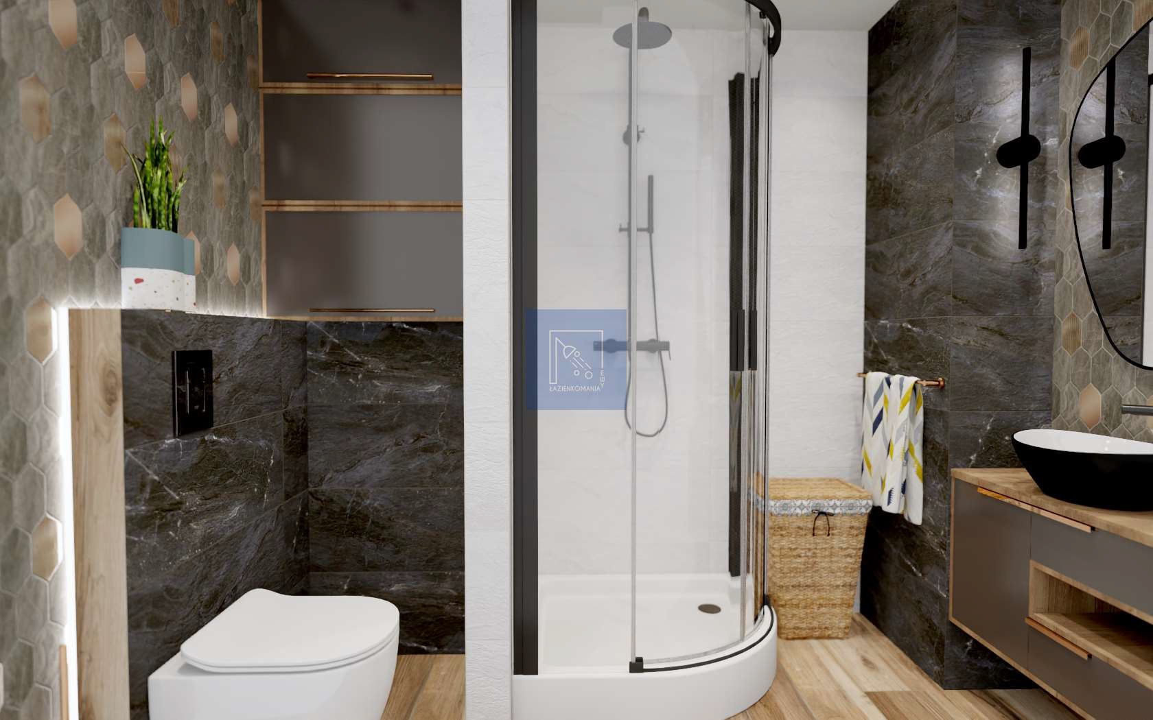 Wizualizacja łazienki z kabiną prysznicową typu walk-in, umywalką nablatową w kolorze czarnym, toaletą w zabudowie, szarą płytką imitującą kamień i drewnianą podłogą.