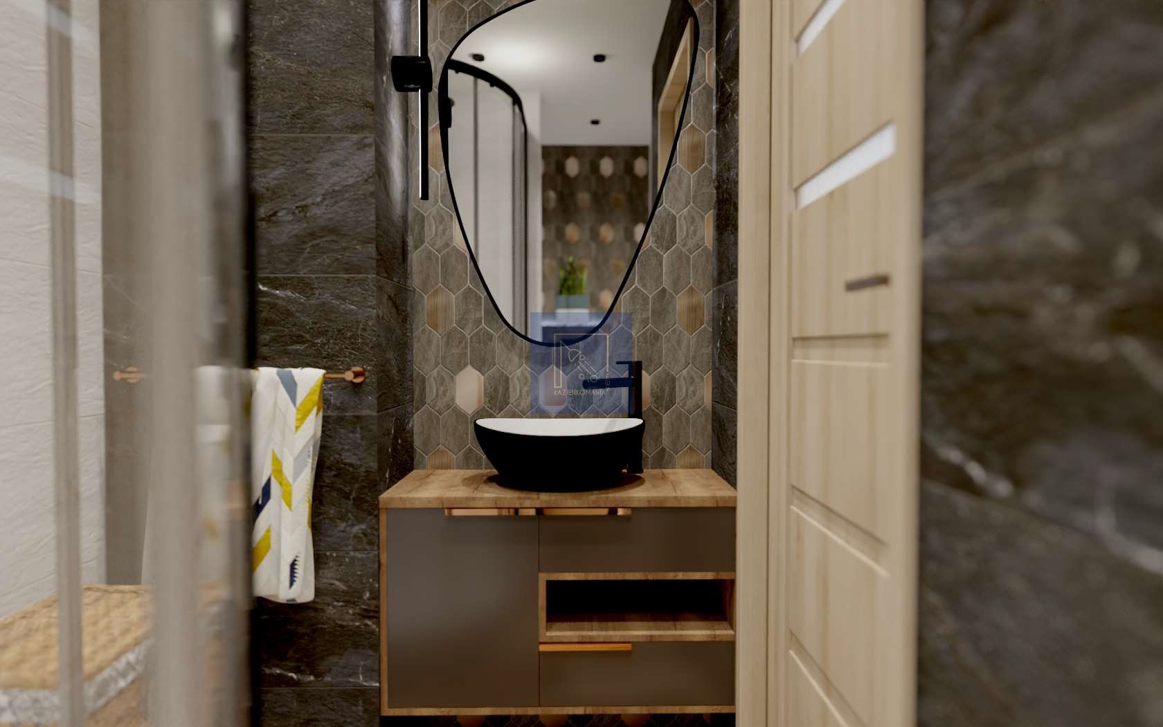 Wizualizacja łazienki z umywalką nablatową, lustrem w czarnej ramie o nieregularnym kształcie, szafką z drewnianym blatem i geometryczną mozaiką na ścianie.