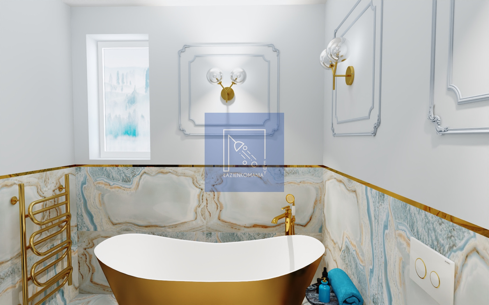 Elegancka łazienka z wolnostojącą, złotą wanną na tle marmurowych ścian, oświetlona lampami ściennymi i ogrzewana złotym grzejnikiem drabinkowym.