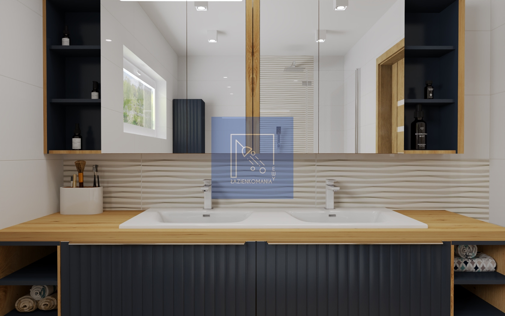 Nowoczesna łazienka z dwoma umywalkami wpuszczonymi w drewniany blat, ciemnogranatowe szafki z pionowymi żłobieniami, lustro z drewnianą ramą i półkami, dekoracyjne płytki ścienne z motywem fal...
