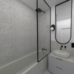 Wizualizacja łazienki z wanną i umywalką nablatową w szaro-białej kolorystyce, ściany i obudowa wanny wykończone płytkami imitującymi lastryko, czarne elementy armatury i ramy lustra.