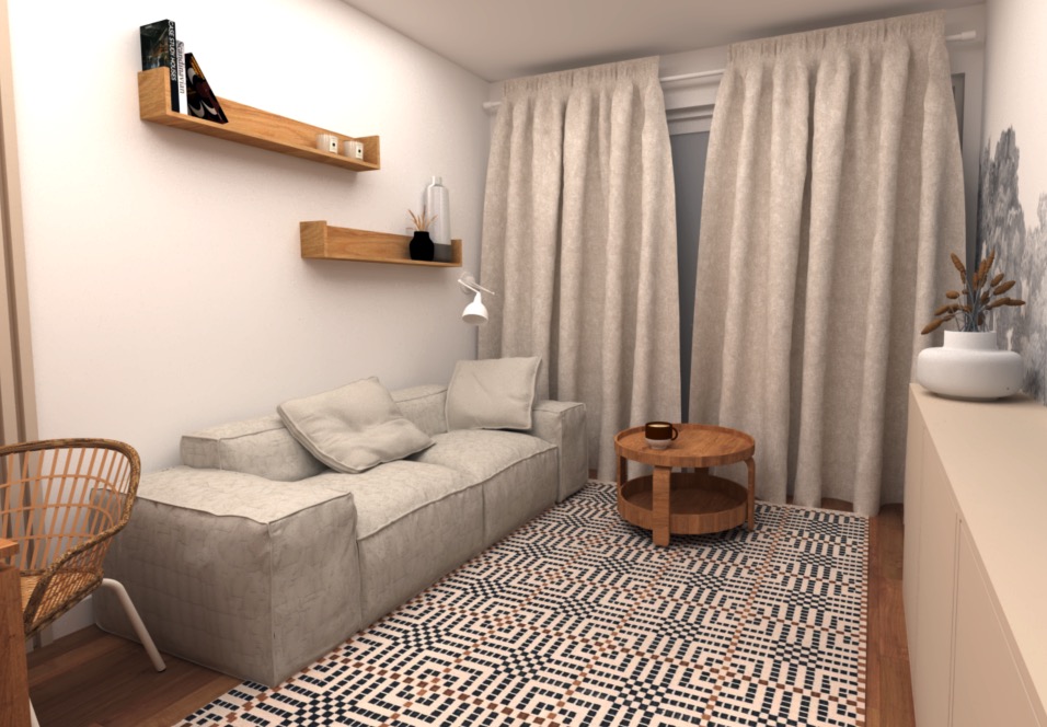 Neutralna kolorystyka salonu z modułową sofą, wzorzystym dywanem i drewnianymi półkami ściennymi, oświetlonymi punktowym światłem.