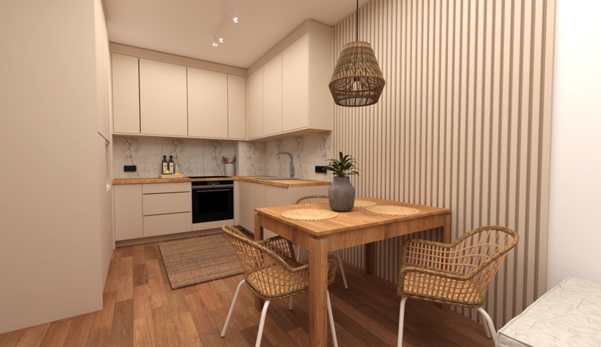 Wizualizacja beżowej kuchni z jadalnią, drewniany stół z plecionymi krzesłami, dekoracyjna lampa wisząca i panelowa ściana, minimalistyczny styl.