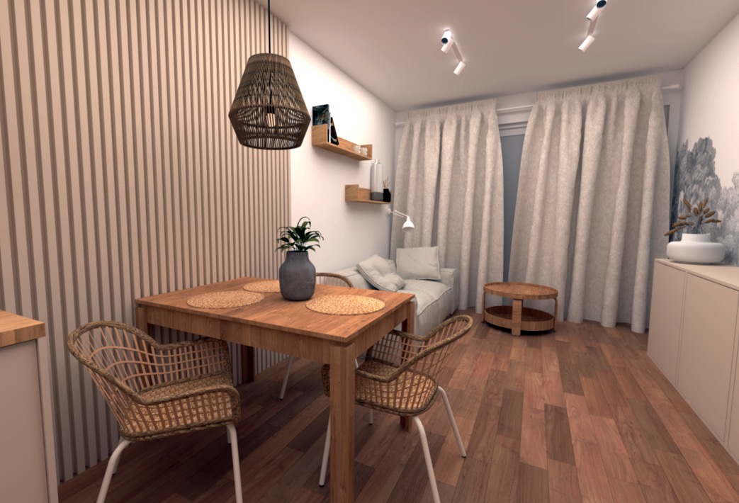 Wizualizacja jadalni z drewnianym stołem, plecionymi krzesłami, lampą z abażurem z wikliny i ścianą z paneli dekoracyjnych, w tle widoczna sofa i stolik kawowy.