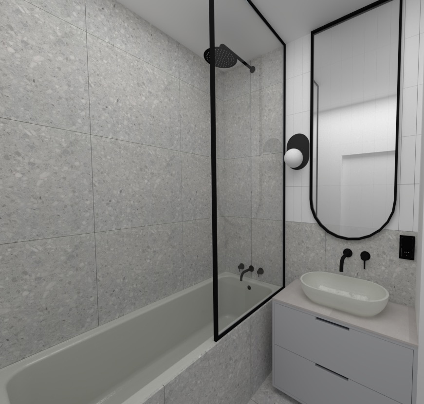 Wizualizacja łazienki z wanną i umywalką nablatową w szaro-białej kolorystyce, ściany i obudowa wanny wykończone płytkami imitującymi lastryko, czarne elementy armatury i ramy lustra.