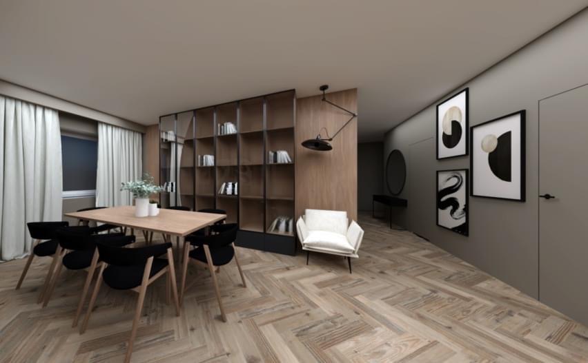 Nowoczesna jadalnia z parkietem w jodełkę, drewnianym stołem otoczonym czarnymi krzesłami, regałem z książkami i minimalistycznymi obrazami na ścianie.
