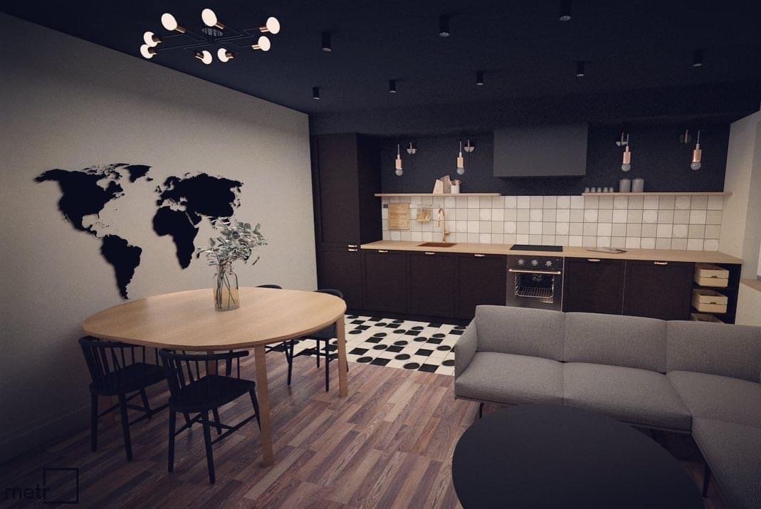 Wizualizacja wnętrza mieszkania z aneksem kuchennym: drewniany stół z czarnymi krzesłami, mapa świata na ścianie, ciemna zabudowa kuchenna z drewnianym blatem, czarno-biała podłoga w kuchni, szara...