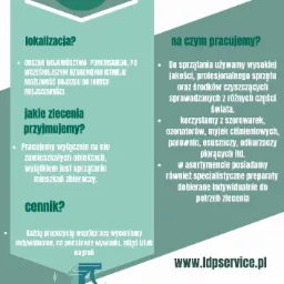 Grafika reklamowa firmy sprzątającej LDP Service, prezentująca logo, obszar działania, rodzaje zleceń, cennik oraz używany sprzęt i preparaty. Kontakt: strona www, email i numer telefonu.