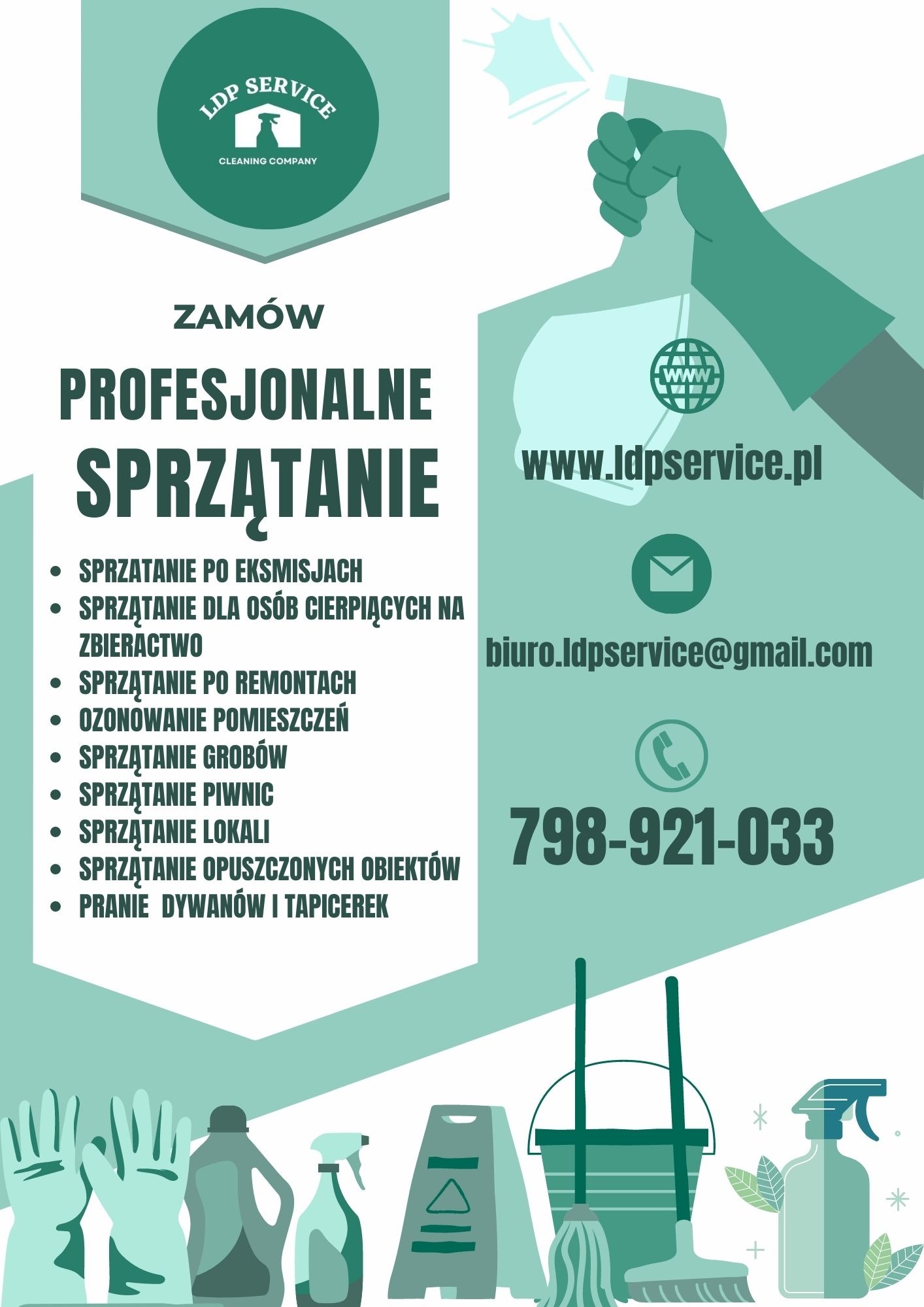 Grafika reklamowa firmy sprzątającej LDP Service, prezentująca logo, dane kontaktowe i listę oferowanych usług, takich jak sprzątanie po eksmisjach i ozonowanie pomieszczeń, z ilustracjami środków...