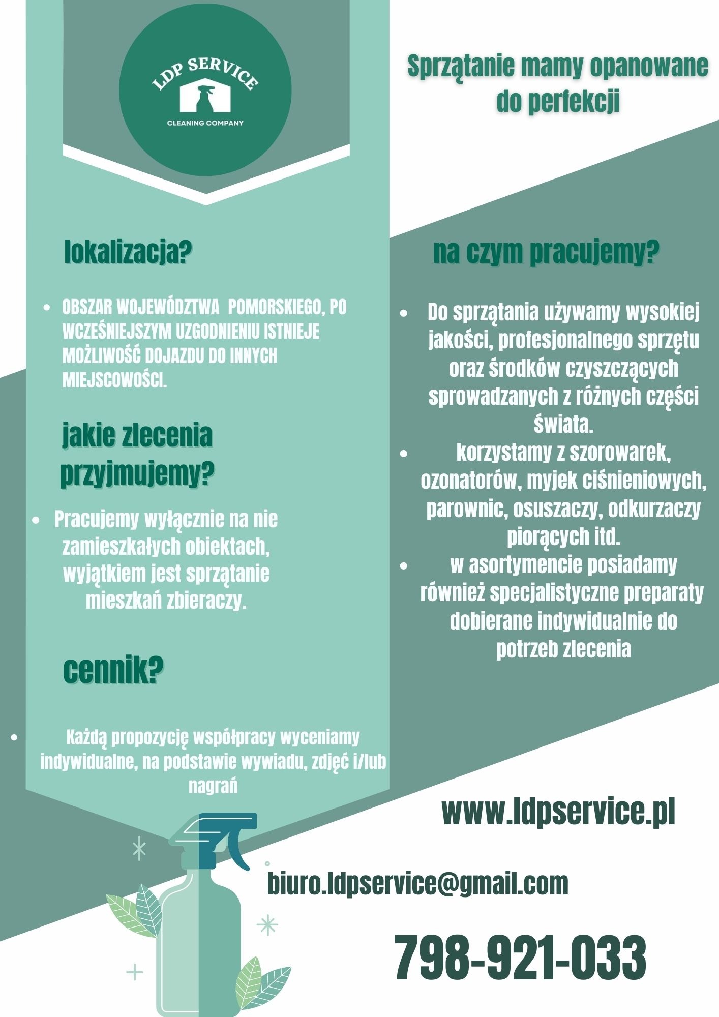 Grafika reklamowa firmy sprzątającej LDP Service, prezentująca logo, obszar działania, rodzaje zleceń, cennik oraz używany sprzęt i preparaty. Kontakt: strona www, email i numer telefonu.