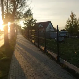 Nowoczesne, czarne ogrodzenie panelowe z podmurówką, widoczne z perspektywy chodnika w promieniach zachodzącego słońca, z domem w tle.