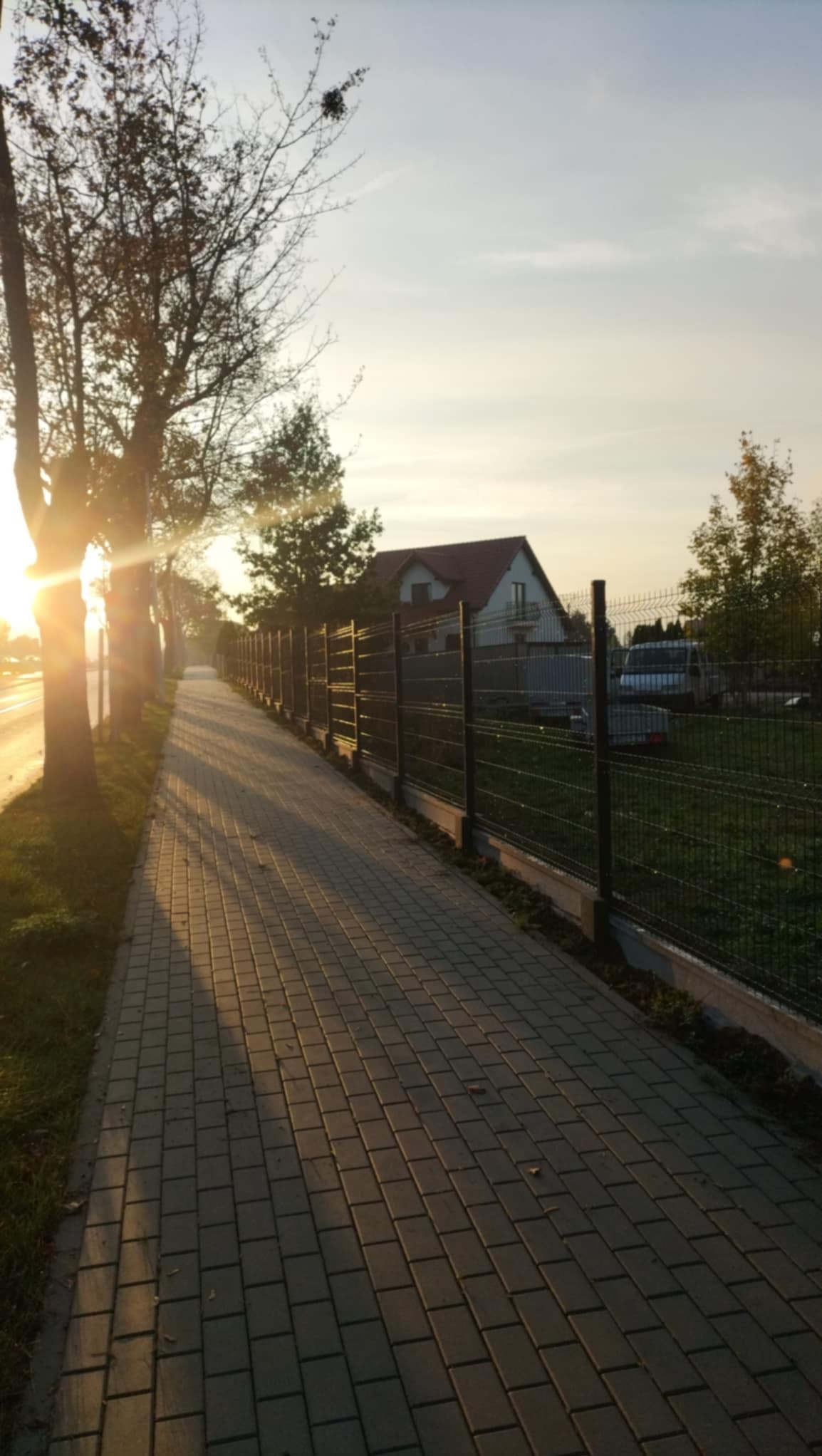 Nowoczesne, czarne ogrodzenie panelowe z podmurówką, widoczne z perspektywy chodnika w promieniach zachodzącego słońca, z domem w tle.