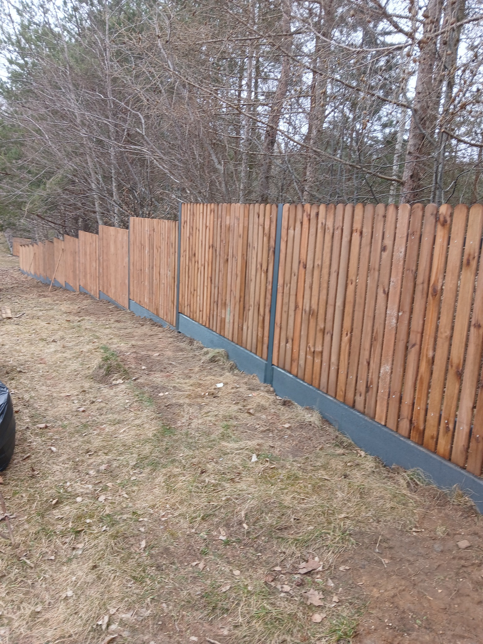 Długi, drewniany płot z szarym betonowym podmurówką, ciągnący się wzdłuż działki, otoczony drzewami bez liści. Widok z perspektywy ziemi.