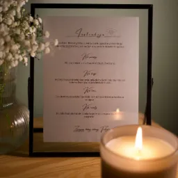 Oprawiona instrukcja obsługi automatu do składania życzeń telefonicznych, obok wazonik z gipsówką i zapalona świeca w szklanym pojemniku, tworzące przytulną atmosferę.