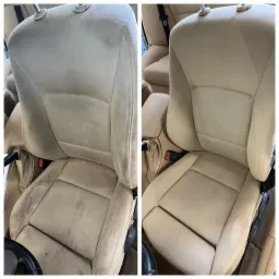 Tapicerka fotela samochodowego: porównanie przed i po czyszczeniu, widoczne wyraźne różnice w czystości materiału.
