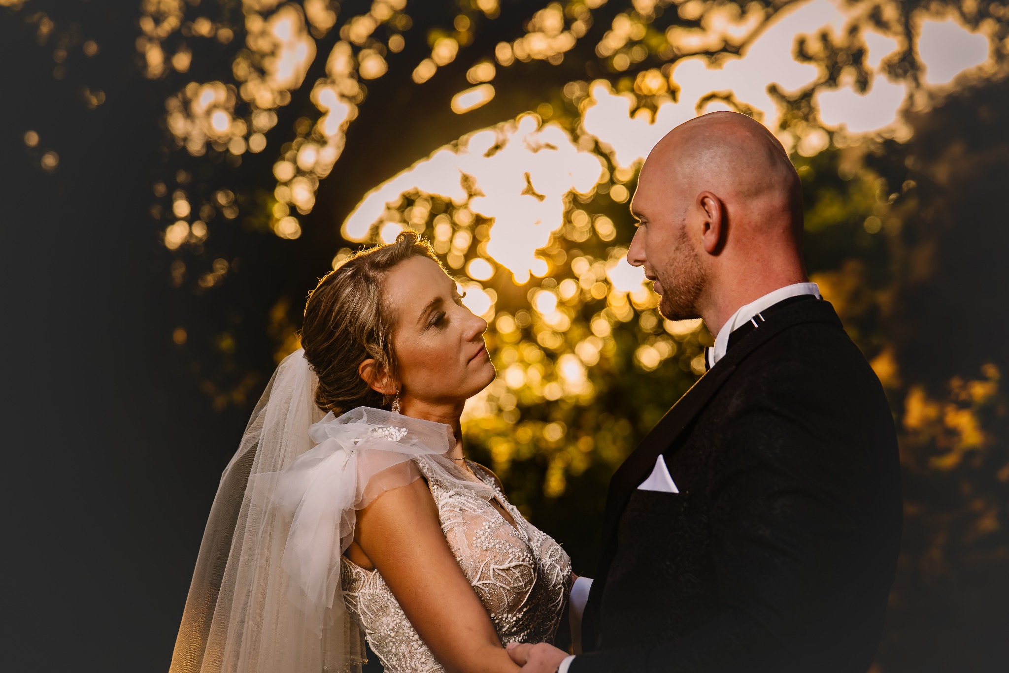 Para młoda wpatrzona w siebie na tle rozświetlonych drzew. Panna młoda w koronkowej sukni i welonie, pan młody w czarnym garniturze. Ciepłe, naturalne światło.