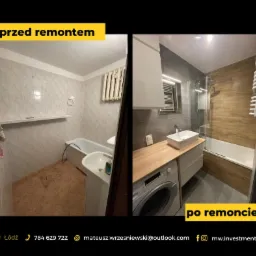 Porównanie łazienki przed i po remoncie: stara, beżowa łazienka z wanną kontra nowoczesna, szara łazienka z drewnianymi akcentami, kabiną prysznicową, pralką i umywalką nablatową.