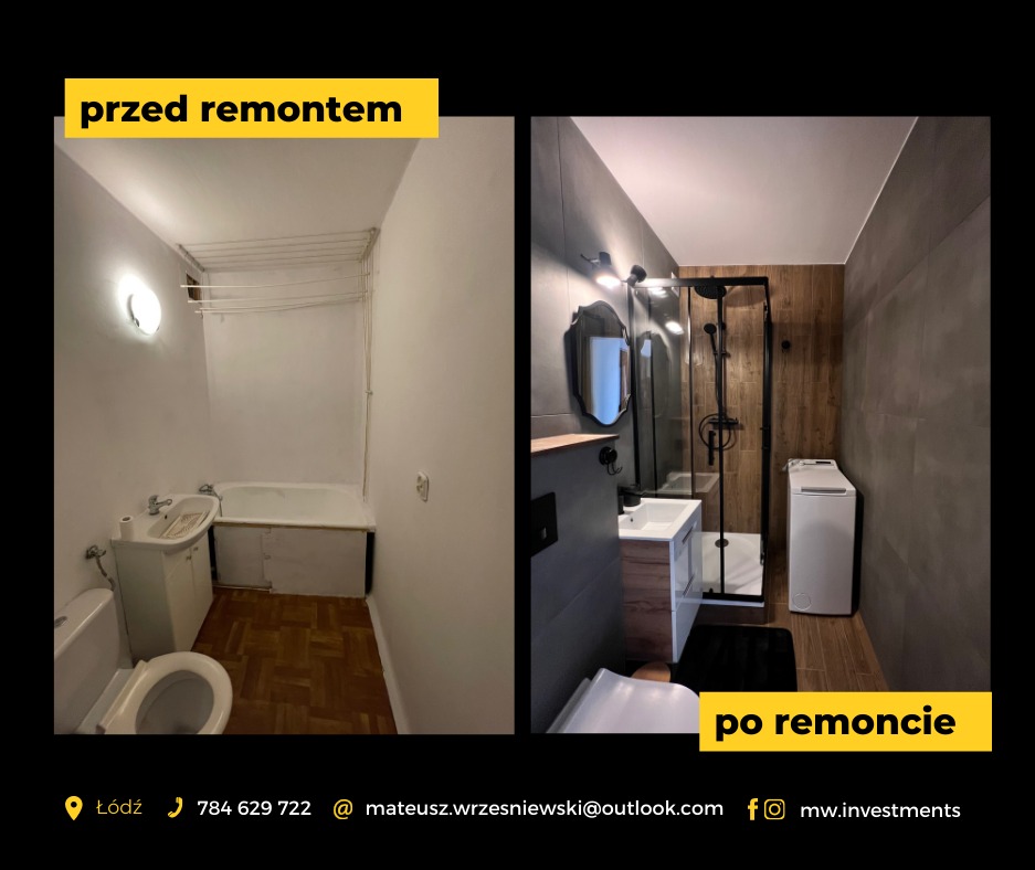 Porównanie łazienki przed i po remoncie: po lewej stronie łazienka z białą armaturą, starą wanną i parkietem, po prawej stronie nowoczesna łazienka z kabiną prysznicową, umywalką z szafką i pralką,...