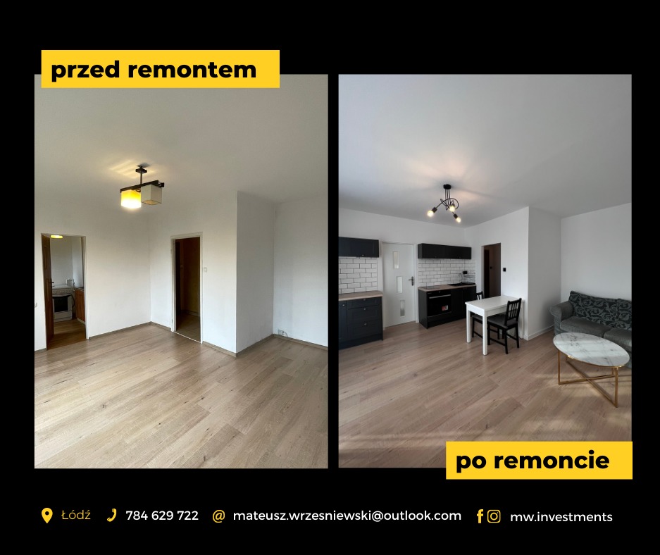 Porównanie stanu mieszkania przed i po remoncie: puste pomieszczenie z parkietem i lampą w stylu retro kontra odnowiona przestrzeń z aneksem kuchennym w ciemnych kolorach, białymi płytkami...