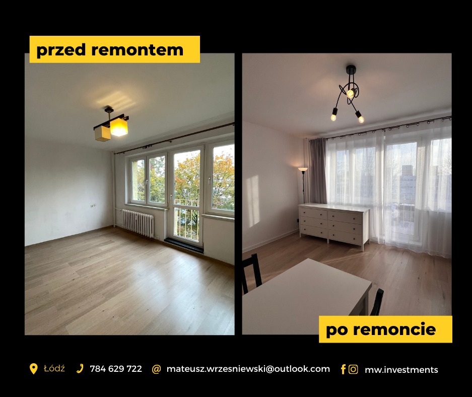 Porównanie pokoju przed i po remoncie: gołe ściany, stara lampa i grzejnik kontra odnowione wnętrze z komodą, lampą podłogową i nowoczesnym oświetleniem sufitowym.