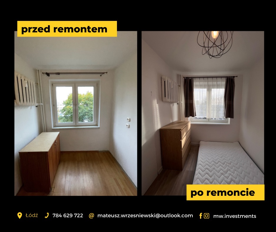 Porównanie pokoju przed i po: od pustego wnętrza z drewnianą podłogą i szafką, do umeblowanej przestrzeni z komodą, materacem i nowoczesną lampą sufitową.