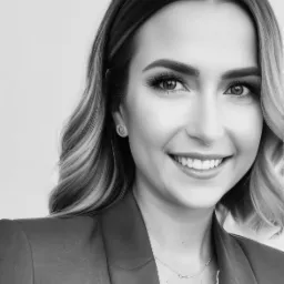 Portret uśmiechniętej kobiety w marynarce, z delikatnym makijażem, blond włosami i subtelną biżuterią, na jasnym tle.