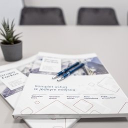 Kancelaria Gospodarcza EFFEKTI sp. z o.o. - Dwa niebieskie długopisy leżą na broszurze z napisem 'Komplet usług w jednym miejscu', obok stoi mała roślina doniczkowa, w tle niewyraźne krzesła.