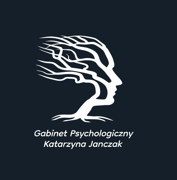 Logo Gabinetu Psychologicznego Katarzyny Janczak, przedstawiające biały profil twarzy wkomponowany w drzewo na ciemnoniebieskim tle.