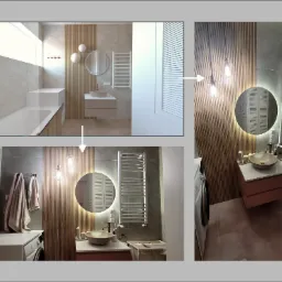 Wizualizacja łazienki z drewnianymi panelami, okrągłym lustrem z podświetleniem LED, wiszącą szafką z umywalką w odcieniach beżu i różu, oraz wiszącymi lampami o ciepłej barwie światła, z widoczną...