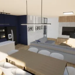 Wizualizacja przestronnego, nowoczesnego wnętrza domu z otwartą kuchnią, jadalnią i salonem, charakteryzującego się minimalistycznym wystrojem, drewnianą podłogą i oświetleniem liniowym.