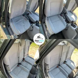 Kolaż przedstawiający wnętrze samochodu: przednie fotele z widocznymi plamami i tylna kanapa przed i po czyszczeniu, z logo firmy CleanWash pośrodku.