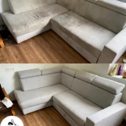 Porównanie: narożnik z jasną tapicerką przed i po czyszczeniu. Widoczne wyraźne różnice w czystości materiału, szczególnie na siedzisku i oparciach. W dolnej części zdjęcia, w rogu, widoczne logo...