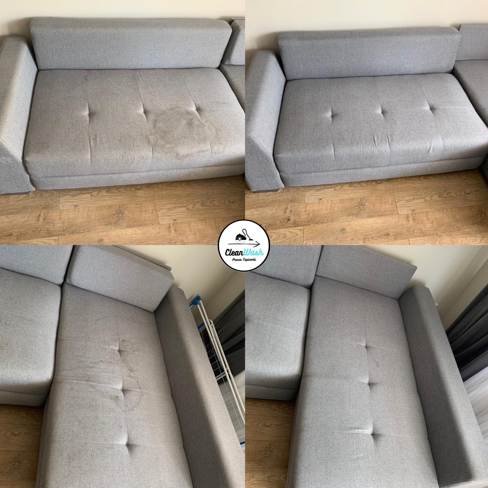 Porównanie: Szara sofa modułowa z tapicerką, widoczne plamy przed i po czyszczeniu, ujęcie z góry, drewniana podłoga w tle.