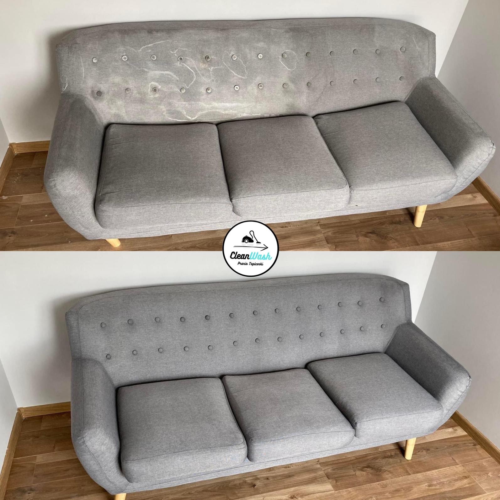 Szara sofa z tapicerką guzikową, ujęcie typu 'przed i po' prania, ukazujące różnicę w czystości tkaniny.