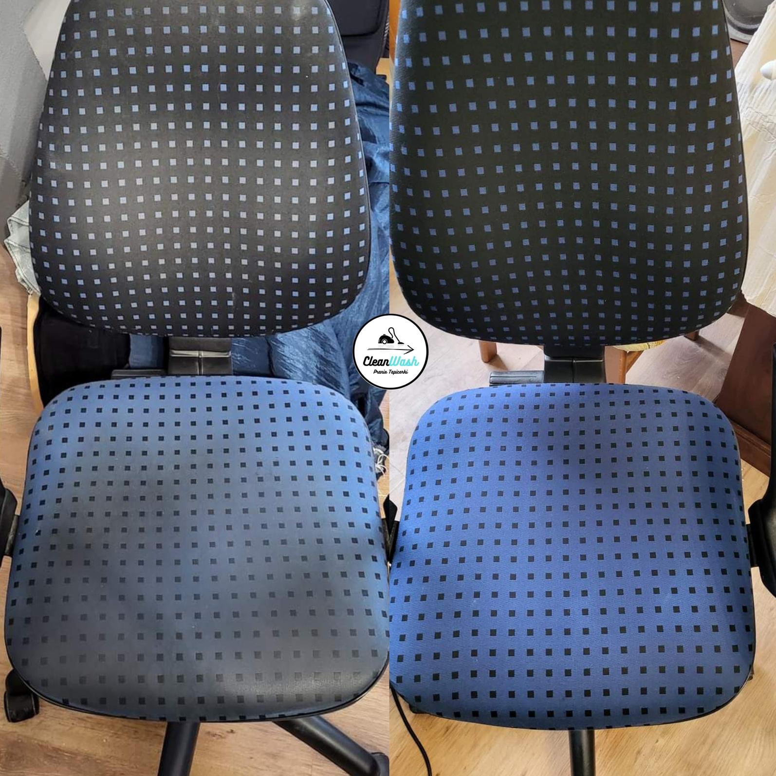 Kolaż przedstawiający krzesło biurowe przed i po czyszczeniu, z widoczną różnicą w odcieniu i czystości tapicerki w kwadratowy wzór.