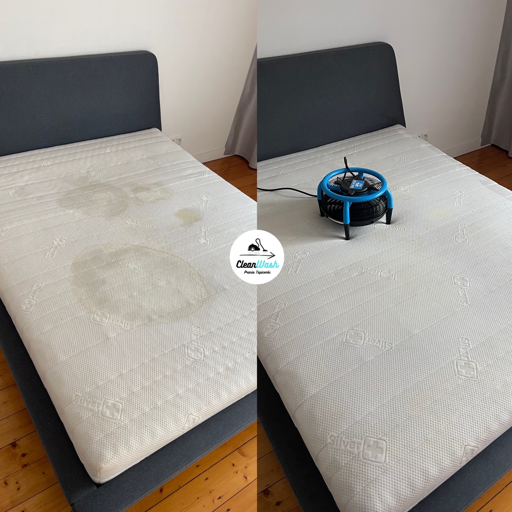 Porównanie materaca przed i po czyszczeniu, z widocznymi plamami po lewej stronie i czystym materacem z wentylatorem suszącym po prawej.