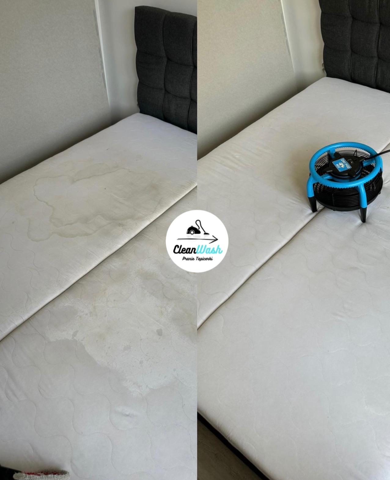 Dwuczęściowe ujęcie materaca: po lewej stronie widoczne zabrudzenia przed czyszczeniem, po prawej materac po czyszczeniu z niebieskim wentylatorem przyspieszającym suszenie.