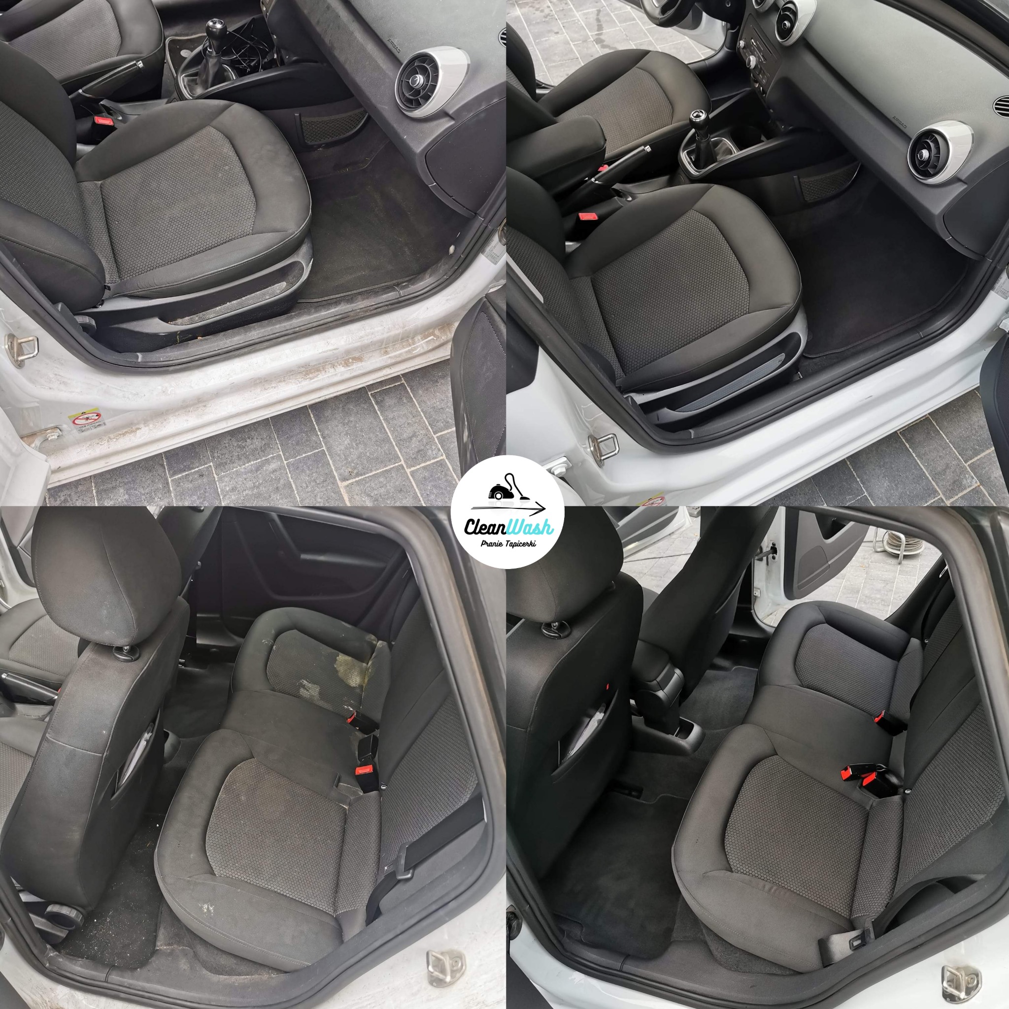 Czteropanelowe porównanie wnętrza samochodu przed i po czyszczeniu, ukazujące różnicę w wyglądzie foteli i dywaników, z logo firmy CleanWash w centrum.